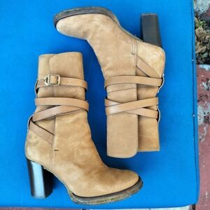 Tory Burch Tan Suede Leather Strappy Buckle Block Heel Ankle Boots